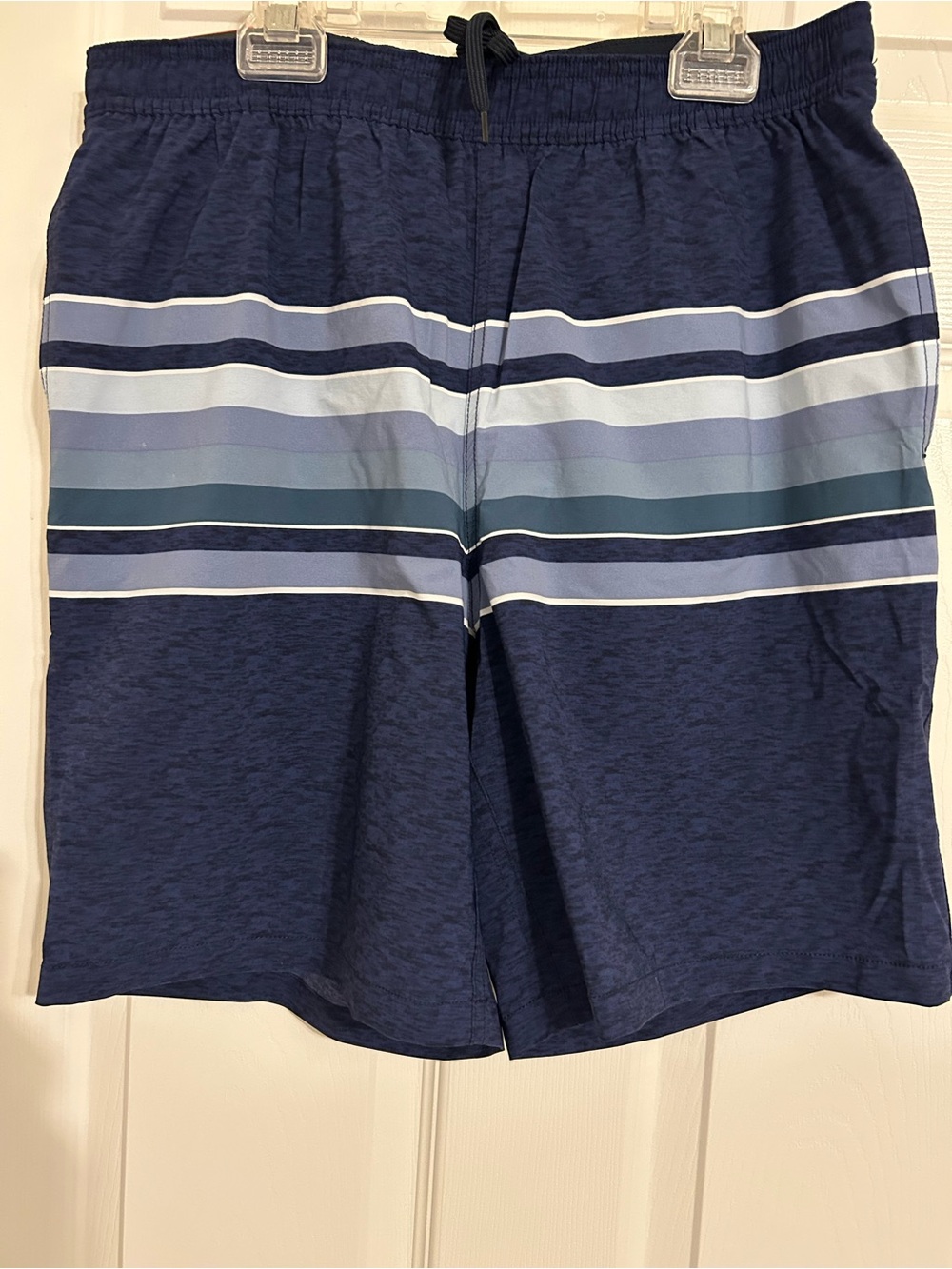 Kirkland Signature Navy & Light Blue Horizontal Stripe Swim‎ Trunks